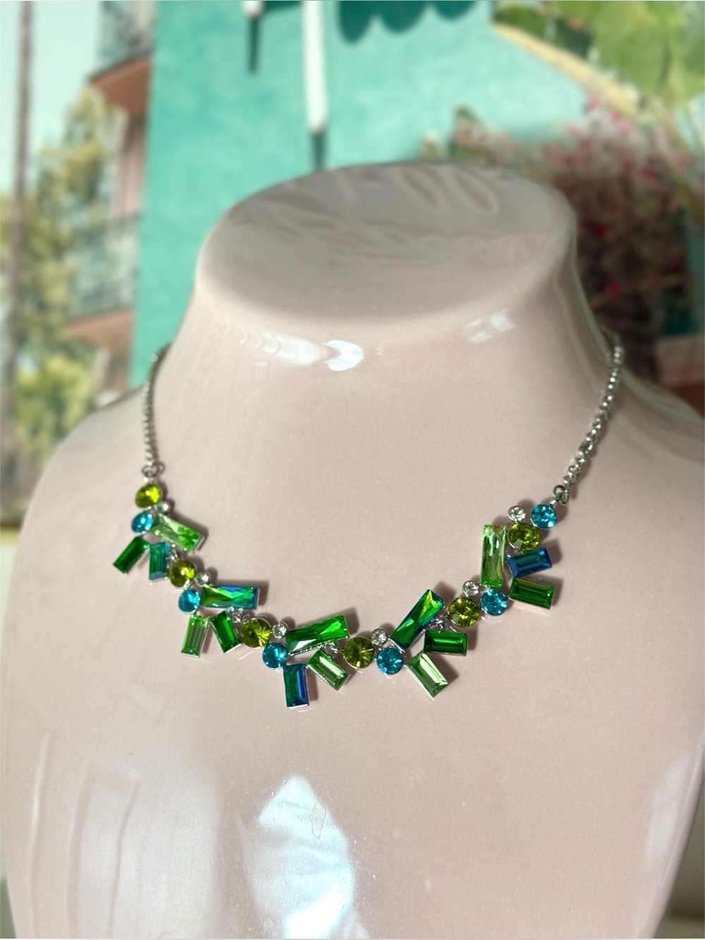 Paparazzi Serene Green Blue Rhinestone Statement Necklace Earrings Set New